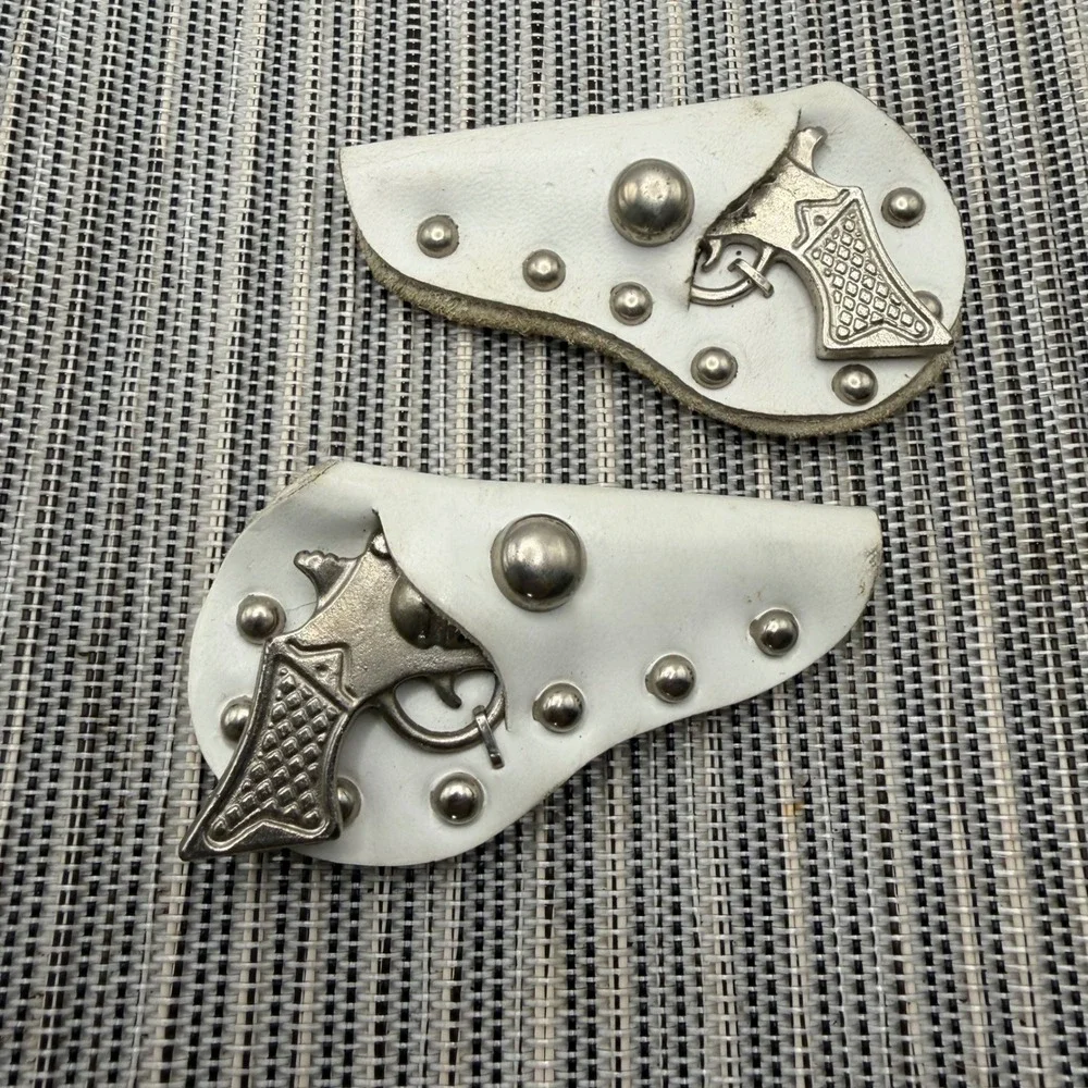 Vintage 50s Metal 6 Shooter Gun Diaper Clip Brooch White Studded Holster Set 2pc